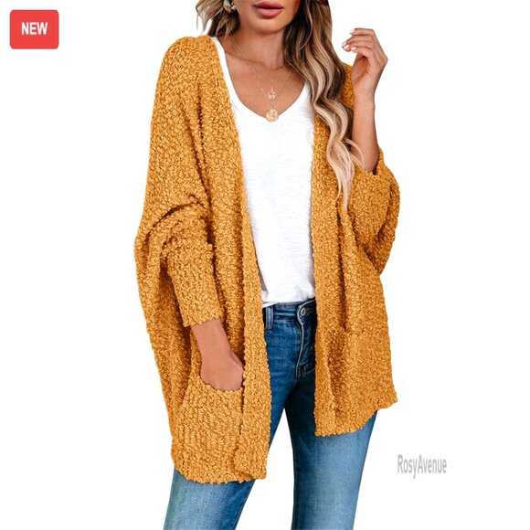 Sweaters - Oversized Chunky Popcorn Cardigan Batwing Sleeve Open Front Cozy Knit Sweater